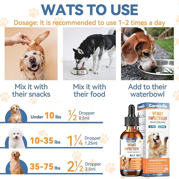 2PCS Yeast Infection Treatment for Dogs, Carmelie Support Healthy Itch Relief, Ear Paw Discomfort Care, Itch Relief for Dog, Allergy Supports, Inflammation Relief for Dogs, Bacon Flavor 60ml