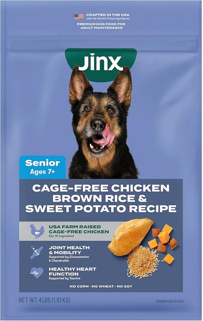 Jinx Premium Senior Dog Food Dry - Real Chicken, Brown Rice & Sweet Potato Kibble with Antioxidants for Immune Support & Whole Grains for Digestive Support - No Fillers - 4lb