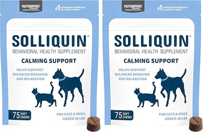 Nutramax Solliquin Calming Behavioral Health Supplement for Small to Medium Dogs and Cats - with L-Theanine,Magnolia/Phellodendron,and Whey Protein Concentrate,75 Soft Chews,(Pack of 2)