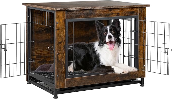 Shintenchi Wooden Dog Crate Furniture for Large Breed, L Double-Door Kennel Indoor with Removable Tray, End Table L Dog Crate for Decoration, 38.6" L, Brown