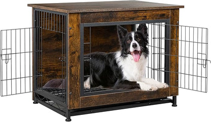 Shintenchi Wooden Dog Crate Furniture for Large Breed, L Double-Door Kennel Indoor with Removable Tray, End Table L Dog Crate for Decoration, 38.6" L, Brown