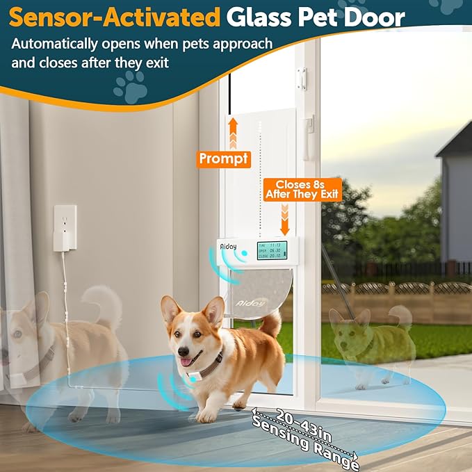 Automatic Sliding Glass Dog Door with Collar Sensor,Large Electric Doggy Door for Sliding Glass Door, Adjustable 76" to 80-11/16" Slider Height,Custom Scheduling & Anti-Pinch,Fit Dog Up to 100 Lbs (L)