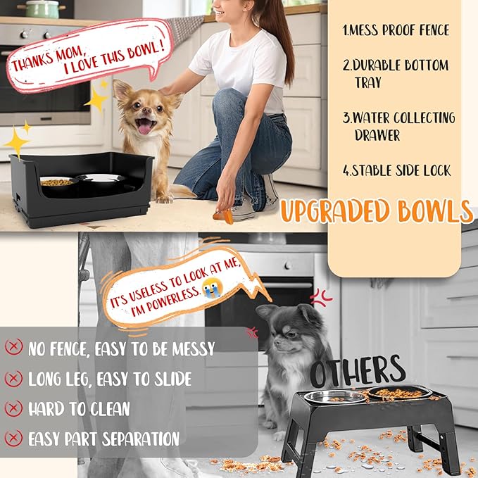 Elevated Dog Bowl Stand Set,Quiet Eating Mess Proof Raised Dog Bowls 2 Stainless Steel Food Bowls,Splash Water Collection Non-Slip Small Cat Feeding Table