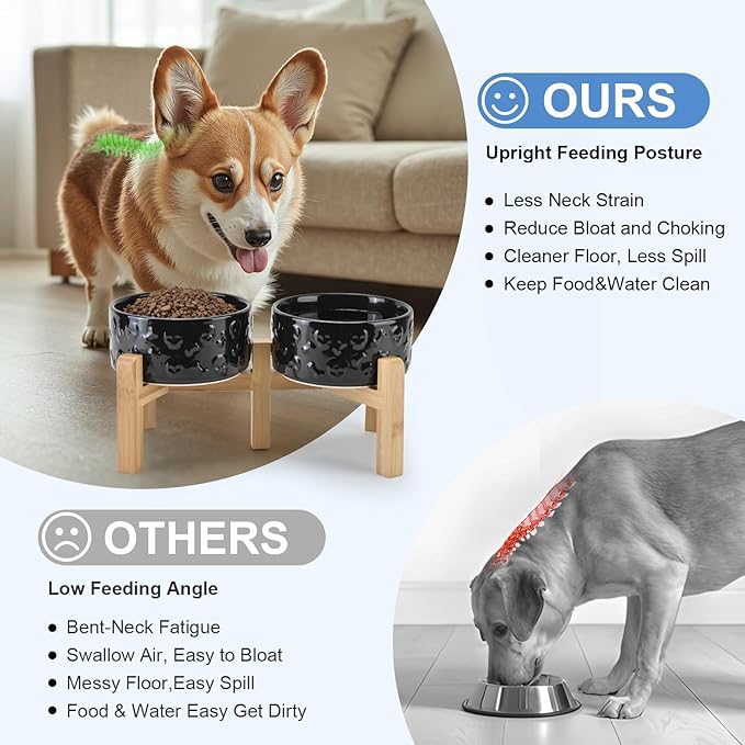 SPUNKYJUNKY Elevated Dog Bowls Ceramic, 6.1'' Dogs and Cat Food Water Bowls Raised with Non-Slip Bamboo Stand for Medium Sized Breed Microwave Dishwasher Safe - 28.7 OZ,Skull Black