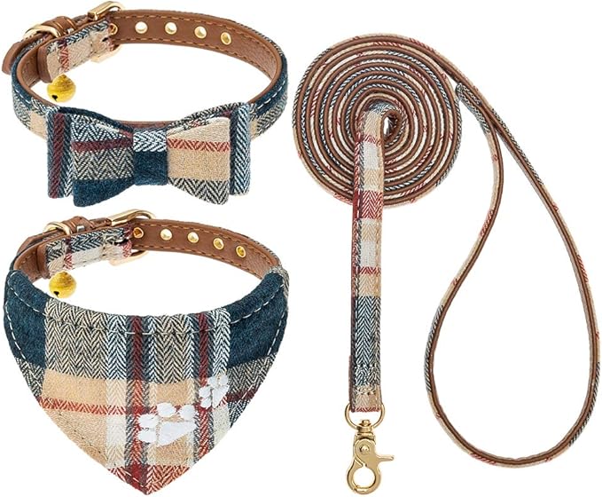 EXPAWLORER Puppy Collar and Leash Set - Plaid Dog Collar and Leash with Bow Tie and Bandana, Bell, Khaki