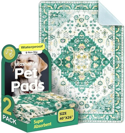 Washable Pee Pads for Dogs 2 Pack Reusable Puppy Training Pads 40"x26" Super Absorbent Waterproof Dog Training Pads, Non-Slip Potty Pads Whelping Pads Litter Mat Pet Supplies - Green Medallion