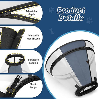 Dog Cone to Stop Licking, Clear Recovery Collar with Detachable Zipper, Sturdy Elizabethan Collar for Large Medium Small Dogs, Soft Adjustable Cone After Surgery Patented, Black XXL