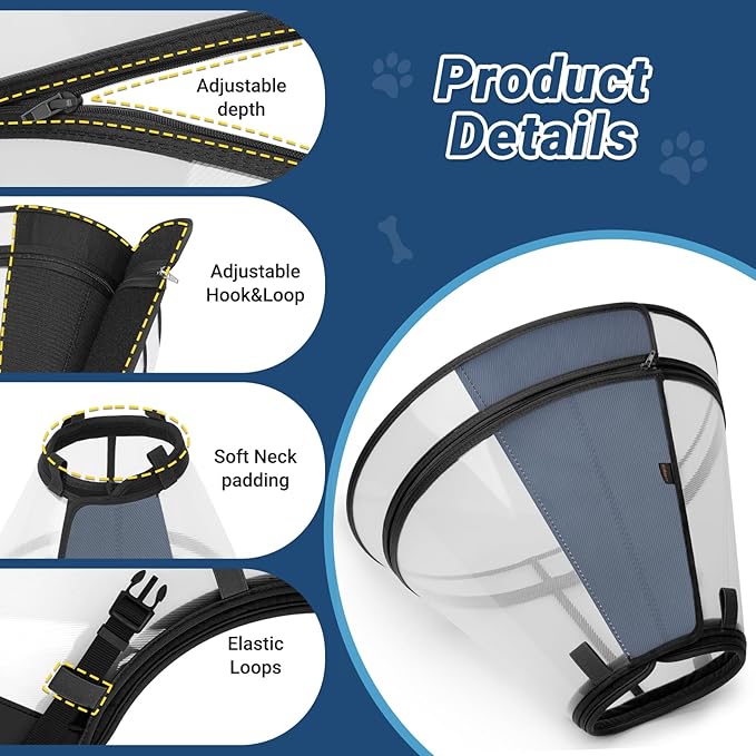 Dog Cone to Stop Licking, Clear Recovery Collar with Detachable Zipper, Sturdy Elizabethan Collar for Large Medium Small Dogs, Soft Adjustable Cone After Surgery Patented, Black L