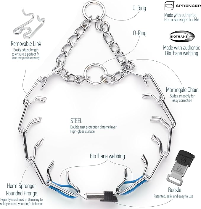 Herm Sprenger Chrome Plated Steel Dog Collar with Quick Release ClicLock Buckle O-Ring Biothane Insert Training Collar Made in Germany (Cerulean Blue, 25in x 4.0mm(Neck Size up to21-22in))