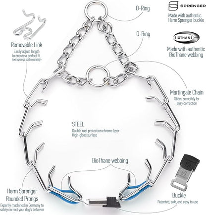 Herm Sprenger Chrome Plated Steel Dog Collar with Quick Release ClicLock Buckle O-Ring Biothane Insert Training Collar Made in Germany (Cerulean Blue, 25in x 4.0mm(Neck Size up to21-22in))