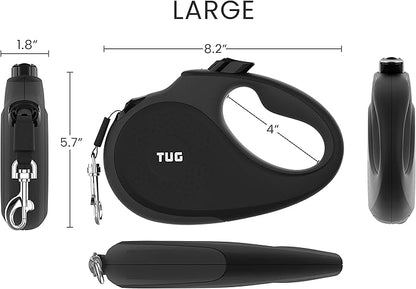 TUG 360° Tangle-Free Retractable Dog Leash with Anti-Slip Handle | 16 ft Strong Nylon Tape | One-Handed Brake, Pause, Lock (Large, Black/Grey)