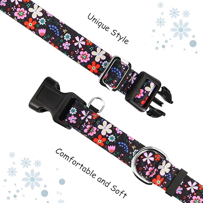 Martingale Dog Collar with Buckle Adjustable Nylon Limited Slip Training Floral Dog Collars (Black Pink Red, Large)