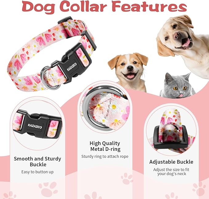 Kazazoo Dog Collar Cute and Soft Nylon Puppy Collar Girl, Adjustable Dog Collars for Small Medium Dogs, Pink Flowers-S