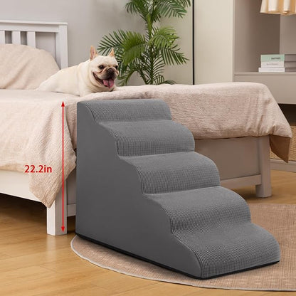 Aodisman 5-Step Dog Stairs and Ramp for High Bed, Non-Slip Sturdy Pet Steps for Small Dogs and Cats,22.2" H,Grey