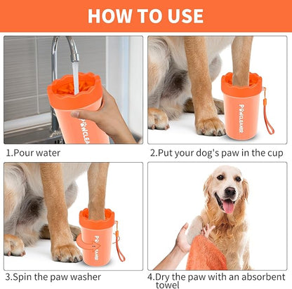 Professional 7 in 1 Dog Paw Cleaner for Dogs & Cats - Includes 1 Portable Paw Washer, 1 Bath Brush, 2 Dog Toothbrushes and 3 Absorbent Towels Note: Fits Paws 1.5 to 2.5 Inches Wide (Orange, Medium)