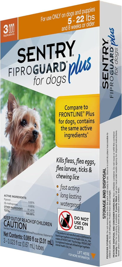 Sentry Fiproguard Plus for Dogs, Flea and Tick Prevention for Dogs (5-22 Pounds), Includes 3 Month Supply of Topical Flea Treatments