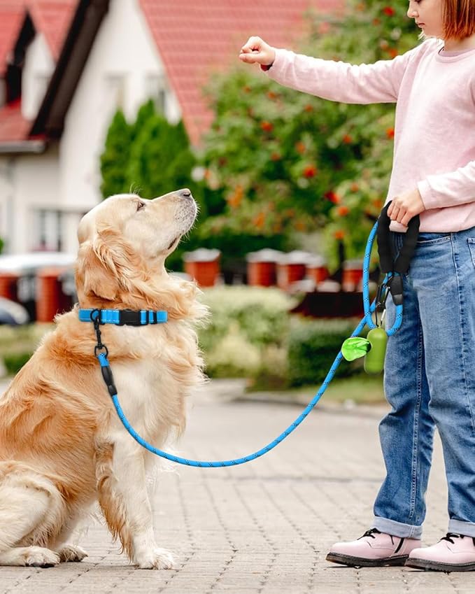 Dynmeow Reflective Dog Collar and Leash Set, 6FT Strong Climbing Rope Leash with Padded Handle, Adjustable Pet Collar with Soft Neoprene Padding for Large Dogs, Blue, L