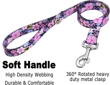 Mihqy Dog Collar and Leash Set with Bohemia Floral Tribal Geometric Patterns - Soft Ethnic Style Collar Adjustable for Small Medium Large Dogs(Pink Floral Set,L)