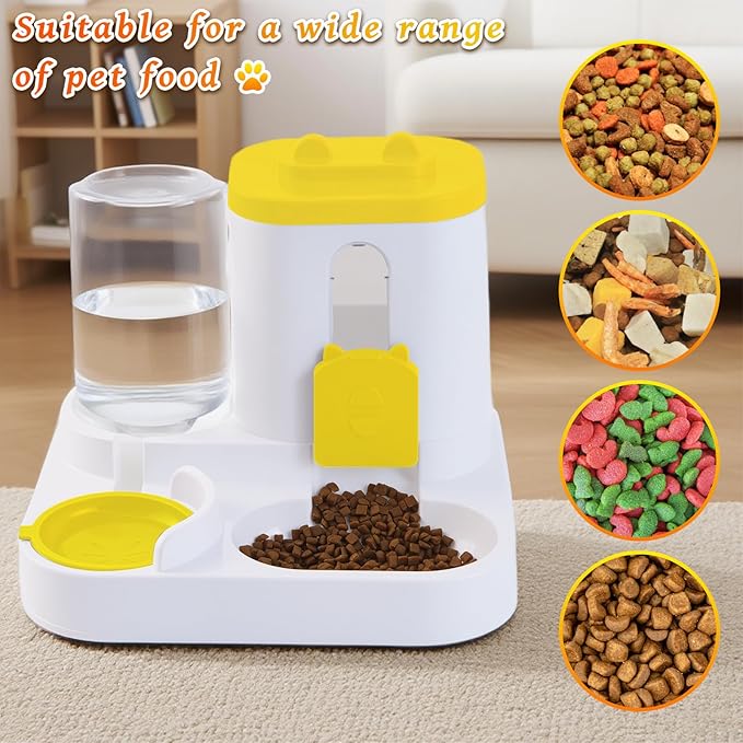Gravity Cat Feeder and Water Dispenser, 2 in 1 Automatic Cat Feeder, 2 Pack Large Capacity Self Feeding for Small Medium Dog Puppy Kitten （Yellow）