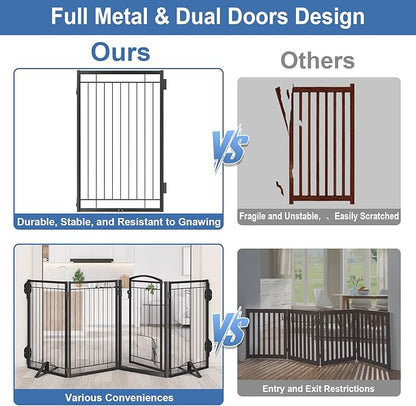 Metal Freestanding Dog Gate with Cat Door for Indoor&Outdoor,120" Extra Wide Foldable Pet Gate,36" Tall Foldable Indoor Dog Fence for Wide Openings Stairs,Deck,Yard,Doorways(6 Panels,Black)