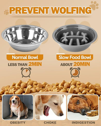 Jovrun Elevated Dog Bowls for Medium Size Dogs with Mat, Non-Slip Dog Feeder with 1*Stainless Steel Dishes & 1*Slow Feeder Bowl, 5 Heights Adjustable Raised Bowls for 3.15″-8.66″-9.84″-11.02″-12.2″