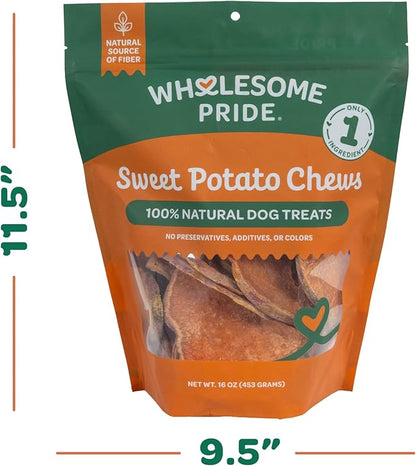 Wholesome Pride Sweet Potato Chews Dog Treats – All-Natural, Single-Ingredient, Grain-Free, 16 oz