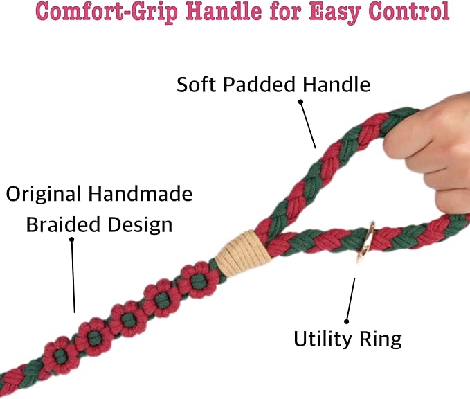 Handmade 5ft Braided Cotton Dog Leash with Unique Floral Handle, Durable and Stylish, Ideal for Small to Large Dogs, Blue & Yellow Twist (Yuletide Petals)