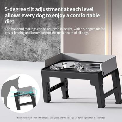 PAKEWAY Elevated Dog Bowls, Spill Proof, Tiltable Dog Feeder with 2 Stainless Steel Bowls, 6 Height Adjustable Raised Bowl