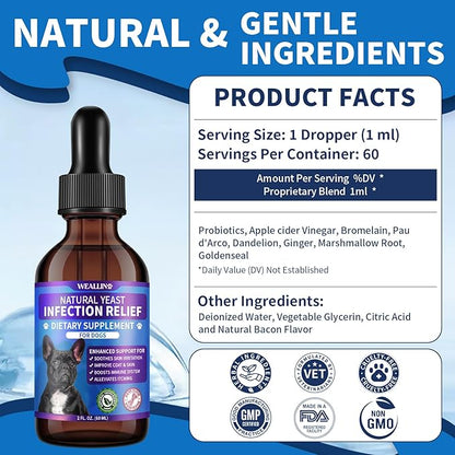 Natural Yeast Infection Treatment for Dogs | Probiotic-Powered Drops with 8-Herbal Blend | Supports Skin, Ears, Allergy Relief | Dog Yeast Infection Treatment Oral Supplement | Bacon-Flavored-2PC