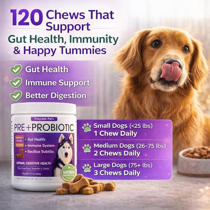 Freydell Pets Probiotics for Dogs– Digestive Enzymes, Prebiotics & Fiber Soft Chews – Gut Health, Diarrhea Relief, Yeast Balance, Immune Support, Pumpkin & Papaya – Dog Probiotic Supplement 120 Chews