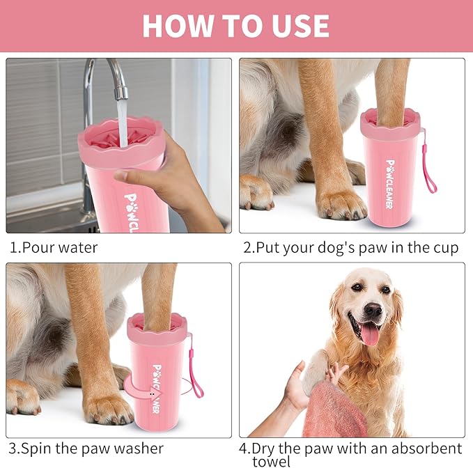 Professional 7 in 1 Dog Paw Cleaner for Dogs - Includes 1 Portable Paw Washer, 1 Bath Brush, 2 Dog Toothbrushes and 3 Absorbent Towels Note: Fits Paws 2.5 to 3.5 Inches Wide (Large, Light Pink)