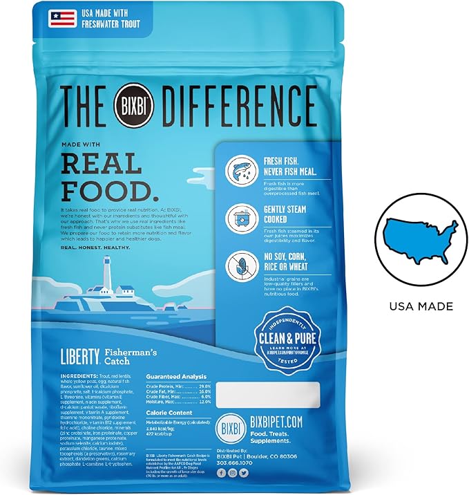 BIXBI Liberty Grain-Free Dry Dog Food, Fisherman’s Catch Recipe – Fresh Fish, High Protein, No Meat Meals – USA Made, 4 lbs