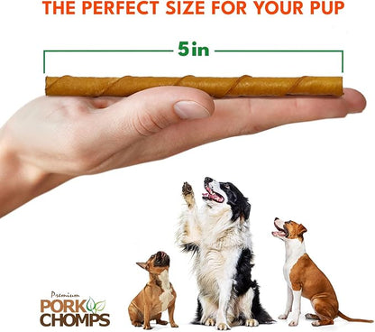 Pork Chomps Roasted Pork Skin Dog Chews, 5 Inch Mini Twists, 20 Count - Long-Lasting Treats for Dogs - High Protein, Rawhide-Free, Low Fat, Healthy & Delicious Chews