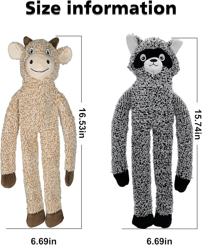 BUYPOW 2 Pack Dog Toys with Squeakers, Plush Teething Toys to Keep Them Busy, No Stuffing Crinkle Interactive Dog Animals, Cute Funny Dogs Gifts for Small Medium Large Breed (Raccoon Cattle)