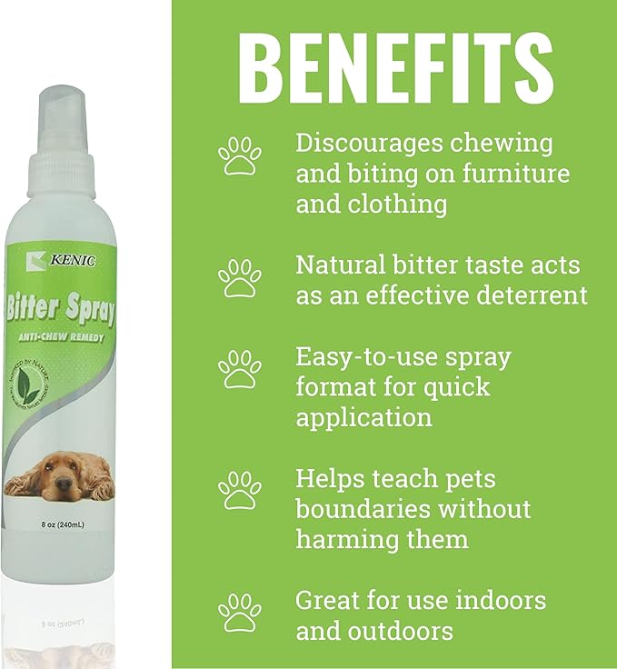 Kenic Anti-Chew Bitter Spray Deterrent for Dogs & Cats, Anti-Lick, No-Chew Training Aid, Safe for use on Furniture, Paws & Shoes & More, Made in USA
