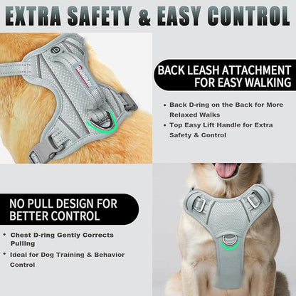 BARKBAY No Pull Dog Harness Large Reflective Dog Harness with Front Clip and Easy Control Handle for Walking Training Running with ID tag Pocket(Grey,M)