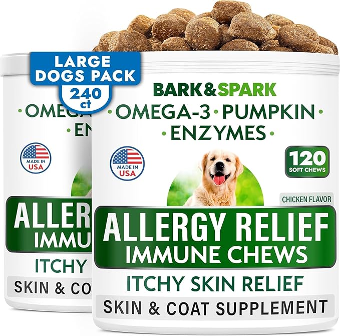 BARK&SPARK Dog Allergy Relief Soft Chews for Skin Health & Seasonal Allergies - Anti-Itch Supplement w/Omega-3, Quercetin & Bromelain Immune Treats for Dry Skin & Hot Spots - Chicken - 240ct