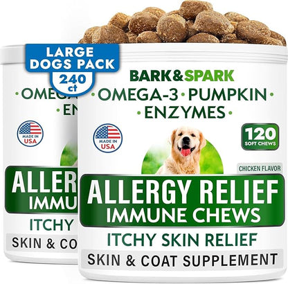 BARK&SPARK Dog Allergy Relief Soft Chews for Skin Health & Seasonal Allergies - Anti-Itch Supplement w/Omega-3, Quercetin & Bromelain Immune Treats for Dry Skin & Hot Spots - Chicken - 240ct