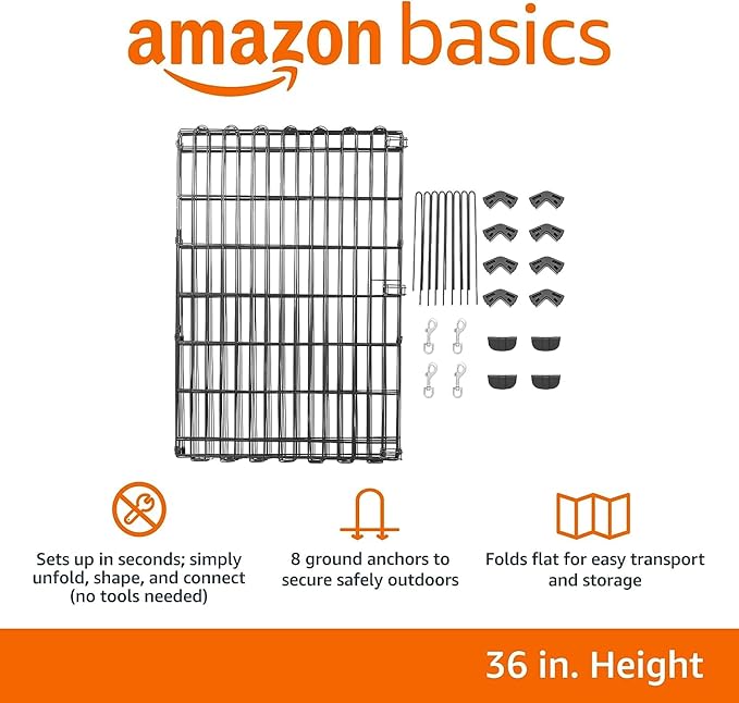 Amazon Basics Portable Foldable Octagonal Metal Exercise Dog Playpen, Indoor/Outdoor Pet Fence, No Door, 8 Panels, Medium, 60 x 60 x 36 inches, Black