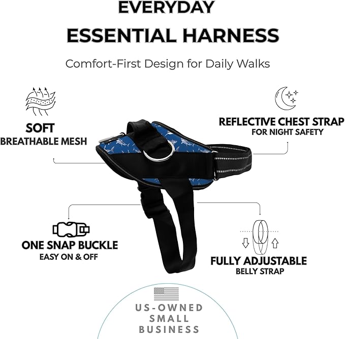 ShawnCo Essential Dog Harness, No-Pull Pet Vest with 3 Leash Clips, No Choke, Reflective, Adjustable and Padded, for Easy Walking and Training for Small, Medium and Large Dogs (White Sharks, S)