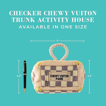 Haute Diggity Dog Chewy Vuiton Trunk Puzzle with 3 Plush Squeaky Dog Toys, Soft Durable Designer-Inspired Stuffed Puppy Chew Toys for Small & Medium Dogs, Machine-Washable (Tan Checker) One Size