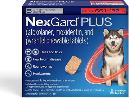 NexGard Plus (afoxolaner, moxidectin, and pyrantel) Flea and Tick Protection & Heartworm Preventive for Dogs Soft Beef Flavored Chewables, 66.1-132 lbs. (Red) 3 Chews (3 Month Supply)