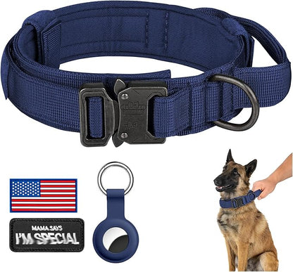 DAGANXI Tactical Dog Collar, Adjustable Military Training Nylon Dog Collar with Control Handle and Heavy Metal Buckle for Medium and Large Dogs, with Patches and Airtags Case (Midnight Blue, L)