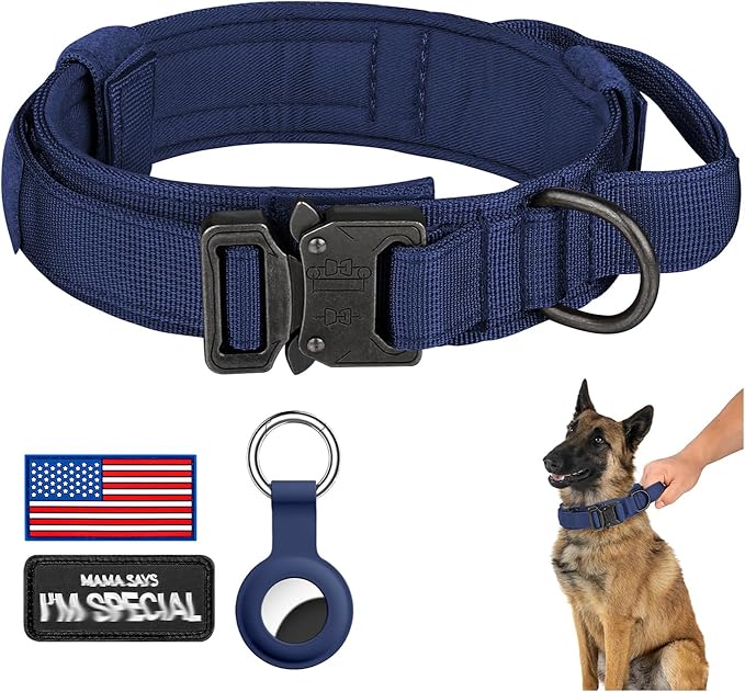 DAGANXI Tactical Dog Collar, Adjustable Military Training Nylon Dog Collar with Control Handle and Heavy Metal Buckle for Medium and Large Dogs, with Patches and Airtags Case (Midnight Blue, XXL)