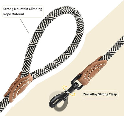 Mile High Life Rope Leash with Genuine Leather Connection, 6 FT/5 FT/4 FT, Heavy Duty Leash for Medium & Large Dogs (Black Beige, 72 Inch)