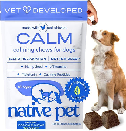Native Pet Calming Chews for Dogs XL Breed - Promotes Calming Effect, Supports Emotional Balance & Reduces Hyperactivity - Hemp Seed, Melatonin for Dogs, L-Theanine & Casein - 30 Days Supply