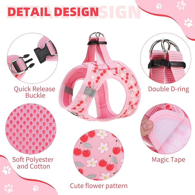 KOOLTAIL Dog Harness for Small Medium Dogs,Dog Harness and Leash Set, Step in No Pull Soft Mesh Padded Adjustable and Reflective Pet Vest Harness Puppy, Plaid Extra Harness for XS S Dogs,Pink Cherry,M