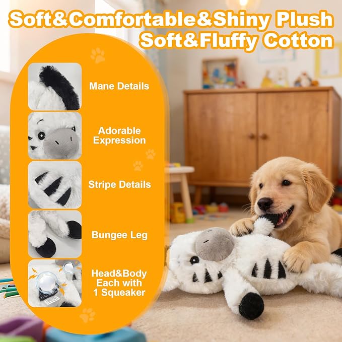 Black and White Zebra Plush Squeaky Dog Toy with Bungee Leg Puppy Teething Chew Toy Cute Soft Indoor Outdoor Interactive Stuffed Animal Dog Toy for Small Medium Large Dogs Toy Gift 35cm/13.78in