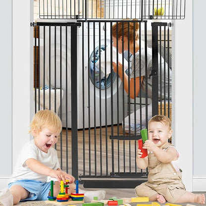 SHYUJAJIE 71 Inch Extra Tall Pet Gate with Small Cat Door, 29.55"-46.06" Adjustable Wide Dog Gate, Tall Cats Gates for Doorway, Stairs, House(Black)