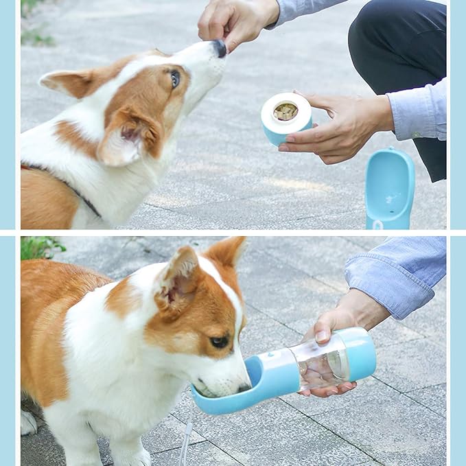 Portable Dog Water Bottle - Leak Proof Dog Water Dispenser with Bowl & Food Container, Dishwasher Safe Food Grade Plastic for Pet Puppy Outdoor Walking Hiking Travel Blue